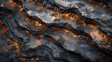 Rich, textured layers resembling molten rock showcase a captivating interplay of light and shadow, creating an enchanting atmosphere that reflects heat and depth. photo