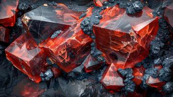 Bright red crystals protruding from a dark mineral matrix illustrate the remarkable patterns and textures found in geological formations, highlighting nature's artistry in a unique way. photo
