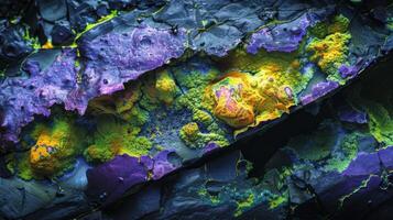 Vivid colors display intricate patterns and textures on a rock surface, highlighting the beauty of natural formations found in geological specimens observed closely. photo