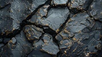 A detailed view of a dark and textured rock surface displaying intricate cracks and shimmering golden flecks, illuminated to highlight its natural beauty and mineral composition photo