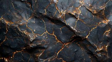 Remarkable surface of dark volcanic rock displaying intricate golden veins across its rough texture, highlighting natural geological processes shaped over time. photo