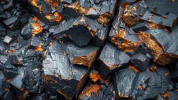 Rough textured rocks filled with black minerals and flecks of gold shimmer under natural light, highlighting their geological beauty, with shadows creating depth. photo