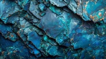 Detailed close up of a blue mineral formation with intricate textures and patterns, highlighting the natural beauty and diversity of geological materials in a vibrant setting. photo
