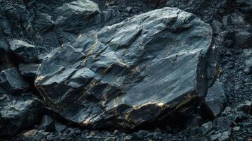 A large, dark rock sits prominently on a bed of smaller stones. Its textured surface reflects light, revealing shiny mineral inclusions against a backdrop of rugged terrain. photo