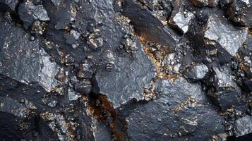 A close up view reveals a striking geological formation with dark mineral textures and a metallic sheen. The intricate patterns highlight the rich diversity of natural elements. photo