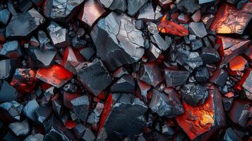 Black and red obsidian crystals are scattered across a surface, highlighting their sharp edges and smooth surfaces. Natural light accentuates their vibrant colors and intricate patterns. photo
