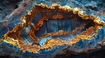 A stunning agate geode reveals layers of rich blue and golden hues, filled with sparkling crystals, reflecting intricate natural patterns and textures in a peaceful setting. photo
