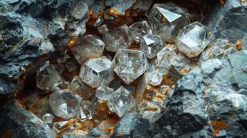 Clear quartz crystals cluster within a rugged rock formation, highlighting their sparkling surfaces and sharp edges in a natural underground environment. photo