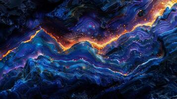 A swirling pattern of deep blues and purples intermingled with bright orange highlights evokes the feeling of ocean waves. The texture suggests a geological formation that resembles cosmic energy. photo