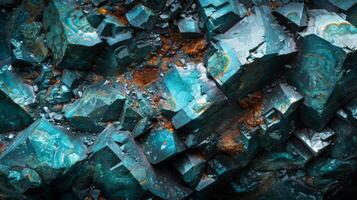 Vibrant mineral formations display a stunning array of colors including rich blue and green hues with flecks of gold, capturing the beauty of natures geology in a natural setting. photo