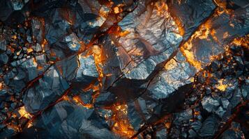 Molten lava streams across a rugged surface, illuminating the dark rocks with fiery orange glows. The scene conveys the dynamic energy of an active volcanic eruption. photo