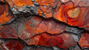 This close up view reveals striking shades of red and orange within stunning agate stone, highlighting the natural patterns and textures formed over time. photo