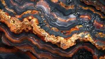 A close up view reveals the intricate patterns of agate stone with swirls of orange, black, and gray, highlighting its unique geological beauty and natural formations. photo