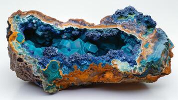 Striking mineral formation features vibrant turquoise and blue crystals within a geode, highlighting unique geometric shapes and textures illuminated by light. photo