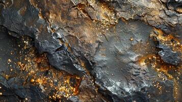 Textured black and gold surface reveals intricate patterns formed through natural processes. Bright light enhances the details and shimmering aspects of the rocky material. photo