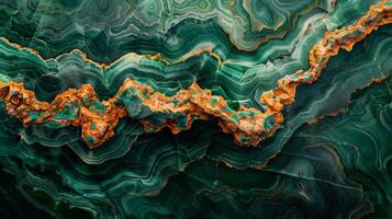 Close up view of a vibrant green agate stone, showcasing intricate layers and patterns, with hints of orange mineral deposits highlighting the natural beauty and texture of the rock. photo