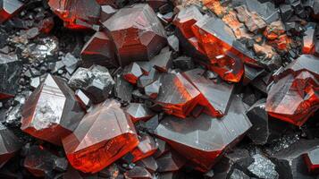 Bright red and black crystals cluster together, showcasing their jagged forms and unique texture against a rocky backdrop under natural lighting. photo