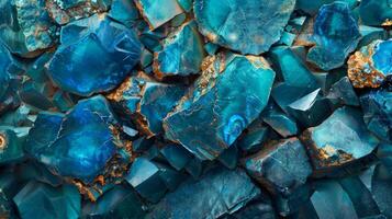 A collection of beautiful blue gemstones features a variety of shapes and sizes, revealing mesmerizing patterns and textures that highlight their natural beauty and uniqueness. photo