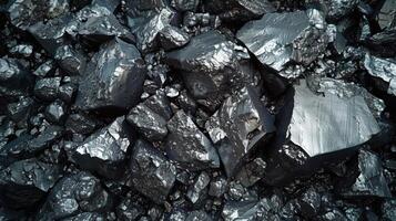 Dark, shiny chunks of coal are clustered together, revealing their reflective surfaces and sharp angles, showcasing the rugged beauty of natural mineral formations in a mining site. photo