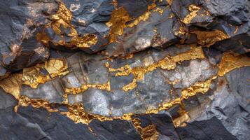 Close up view of dark rocks highlighted with shimmering gold veins, showcasing natural mineral formations discovered in a mountainous region on a sunny day. photo