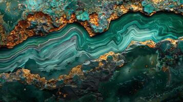 Intricate layers of green agate mixed with gold highlight the unique textures and patterns of a geological formation, reflecting its richness and natural artistry through vivid colors. photo