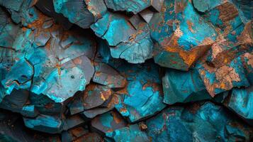 Striking turquoise mineral formations create a captivating visual display with unique textures and rich colors, highlighting the beauty of natural geology in daylight. photo