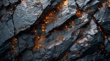 Volcanic rock displays a rough surface with glowing embers illuminating cracks, creating a dynamic texture in a dark landscape during nighttime. photo