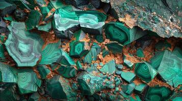 Malachite mineral deposits display stunning shades of green with unique swirling patterns and crystal formations in a rock structure. The intricate designs and textures captivate with natural beauty. photo