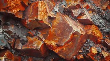 Deep orange and reddish mineral formations create a striking visual contrast with the surrounding rocky terrain. Sunlight enhances the vibrant colors and textures of the minerals. photo
