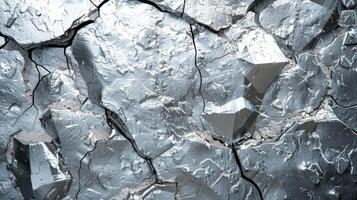 Textured surface reveals cracked silver paint with complex patterns. Bright light highlights the intricate details of the peeling layers, creating an artistic contrast. photo
