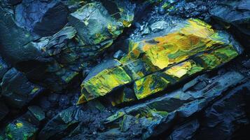 Vibrant mineral formations displaying bright colors contrast against dark rocky surfaces, creating a striking natural composition in an outdoor setting under unique lighting conditions. photo