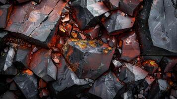 Textured volcanic rocks with deep black and reddish hues create a striking visual. The variations in the surface highlight the unique geological processes at play. photo