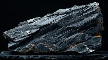 A dark schist rock displays its shiny, layered structure, showcasing unique textures and mineral formations that highlight its geological characteristics. photo