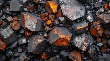 Vibrant black and orange mineral formations are spread across rocky ground, reflecting natural light and showcasing intricate textures and colors in a striking display. photo