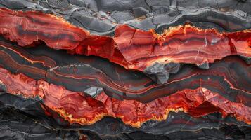 Vivid bands of red and black rock create a stunning geological display, highlighting the intricate patterns formed by natural processes over time in a striking mineral formation. photo
