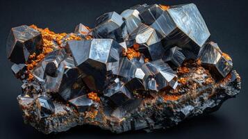 A striking black crystal cluster displays sharp geometric shapes and glimmers against a dark surface, revealing the fascinating complexities of mineral formations in nature. photo