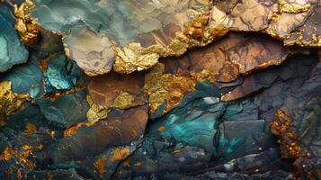 Detailed view of mineral textures reveals an interplay of turquoise, gold, and brown tones with intricate patterns created by natural processes over time. photo