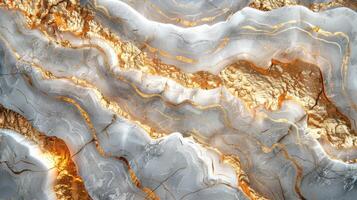 Organic waves of white minerals interlaced with rich gold tones create a captivating abstract design, showcasing natural beauty and intricate details in a mesmerizing arrangement. photo