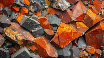 Rich hues of orange and gray create a stunning display of mineral formations on rocky surfaces, revealing intricate textures and patterns illuminated by bright afternoon light. photo