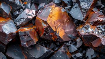 A diverse collection of hematite crystals features shimmering surfaces and vivid hues, highlighting the unique geological processes that formed these striking specimens. photo