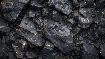 Rugged volcanic rock formations present a striking texture with dark surfaces and bright mineral patches shimmering under light, creating a captivating natural artwork. photo
