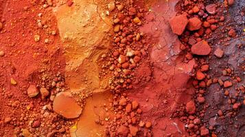 Different shades of red and orange pigments are arranged on a textured surface, creating a vibrant display of natural colors. The pigments vary in size and texture, showcasing earth tones. photo