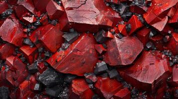 Vivid red mineral crystals display a striking contrast with dark stone fragments, revealing intricate textures and patterns formed over millennia in nature's laboratory. photo