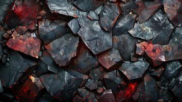A close up view of jagged volcanic rock pieces displaying shades of red and black, illustrating the beauty and complexity of volcanic activity in a natural setting. photo