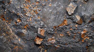 Close view of a rocky surface reveals a mixture of dark minerals and metallic deposits reflecting sunlight, showcasing natural geological processes over time in a rugged environment. photo