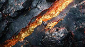 Bright orange lava flows through cracks in rough black volcanic rock, creating striking contrasts and showcasing the raw power of nature during an eruption. photo