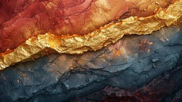 Rich hues of red, blue, and gold blend together in textured layers, resembling natural formations. The striking contrasts evoke a sense of depth and complexity found in geological landscapes. photo