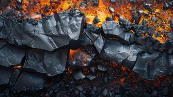 Glowing lava flows through jagged black rock formations, showcasing the intense heat and energy of an active volcano, as the sky transitions to shades of orange and purple photo