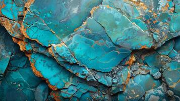 Striking layers of turquoise rock display unique textures and colors, highlighting natural formations shaped by geological processes over time in bright light. photo