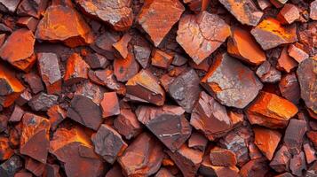 Bright red and orange rock fragments are closely packed together, showcasing various sizes and shapes, reflecting sunlight and highlighting their unique mineral compositions. photo